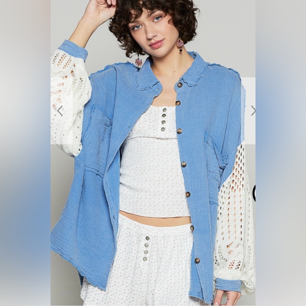 💙New POL Blue Button-Up Shirt with White Crochet Sleeves. Small, Medium, Large